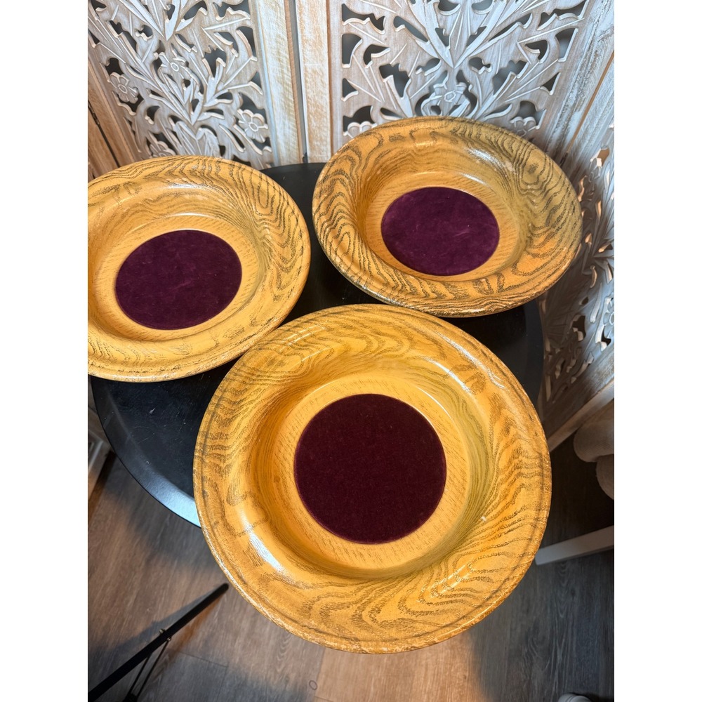 Vintage RW1200 Faux Wood Offering Plates Purple Velvet Set of 3 Made in USA 12in